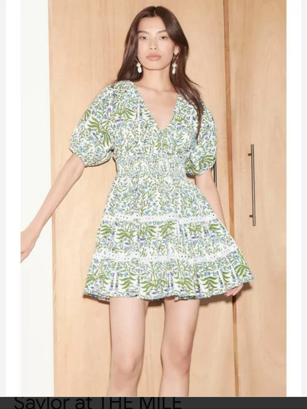 SAYLOR White Floral Puff-Sleeve Mini Dress with Green Print - Picture 6 of 16